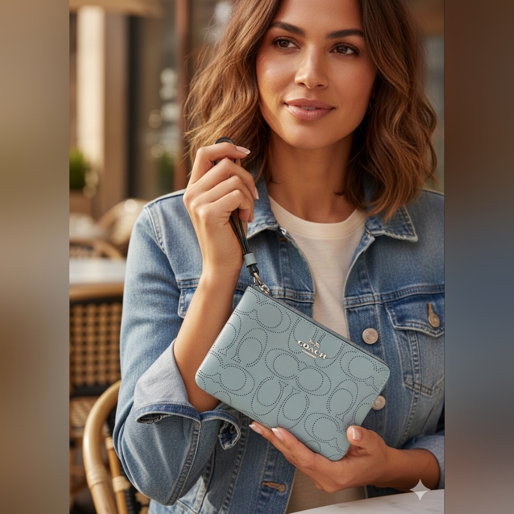 Coach Perforated Signature C Zip Around Wristlet Style 2961 Baby Blue